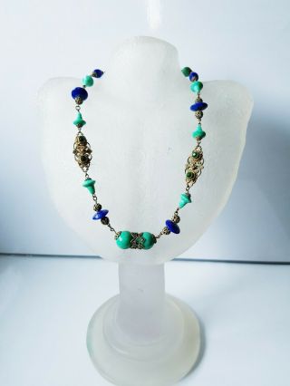 Art Deco Neiger Lapis Jade Green Peking Glass Bead Necklace