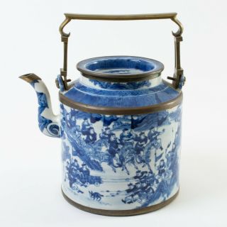 Antique Chinese Porcelain & Brass Teapot Blue & White Battle Scene Large 11.  5 "