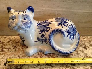 Vtg Large Chinese Porcelain Cat Decor; 13 " Long,  Blue & White,  Hand Painted