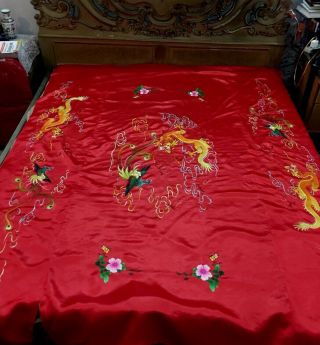 Antiques Chinese Silk Embroidered Wedding Sheet Paino Shawl Tapestry Fighting