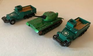 1974 Lesney Matchbox 3 Battle Kings; 2 K - 108 M3a1 Half Track & K102 Tank Resore