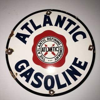 Vintage Porcelain Atlantic Gasoline Gas Oil Sign Pump Plate