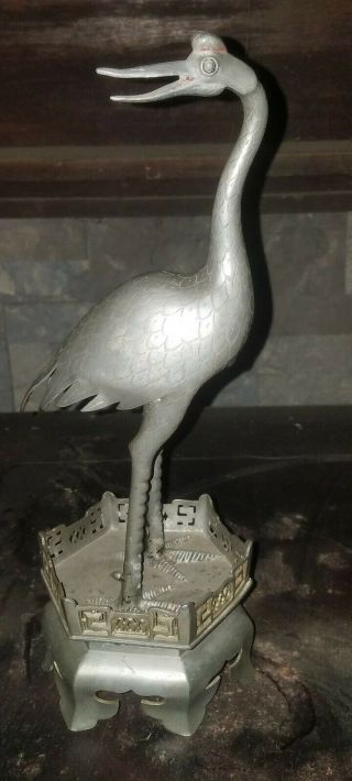 Antique Chinese ? Japanese ? Oriental Pewter Paktong Crane Statue Signed