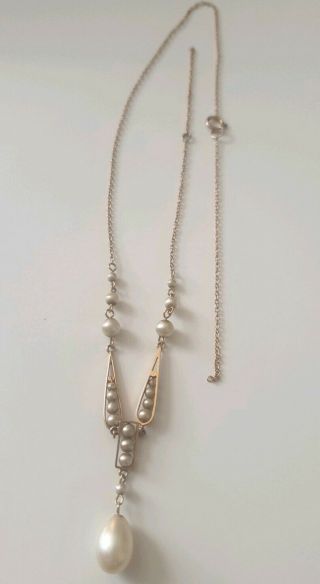 Antique Art Nouveau Rose Gold 9 Carat Pearl Drop Chain Link Necklace 18 "