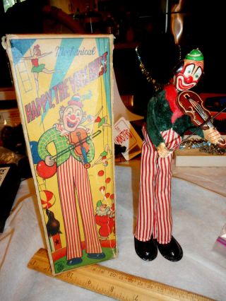 Vintage Happy The Violinist Clown Wind Up Toy W Box Tps Japan