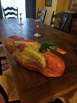 Large Heavy Colorful Carved Wooden Duck