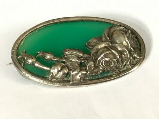 Large Antique Vintage Silver Roses Green Agate Brooch Pin.  2 1/4”