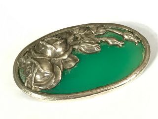 Large Antique Vintage silver roses green agate brooch pin.  2 1/4” 2