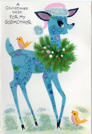 Mcm Pink Santa Claus Hat Glitter Reindeer Deer Blue Vtg Christmas Greeting Card