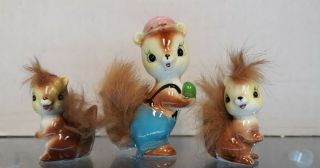 Vintage Napco Japan Ceramic Squirrels Figurine Set Of 3 Real Fur Tails