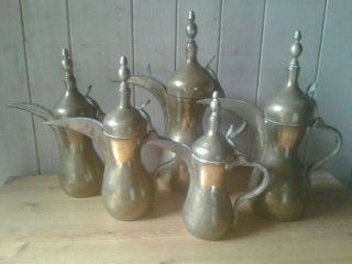Set Of 5 Antique Hand Crafted Brass Arabic/middle Eastern Dallah Pots