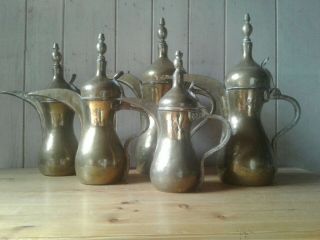 Set of 5 antique hand crafted brass Arabic/Middle Eastern Dallah pots 2