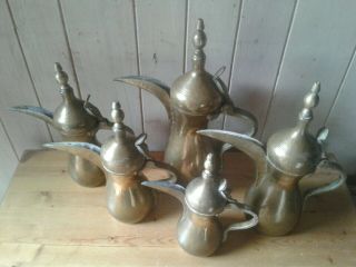 Set of 5 antique hand crafted brass Arabic/Middle Eastern Dallah pots 3