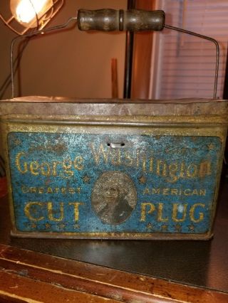 Vintage George Washington Cut Plug Tobacco Tin,  Lunch Box Style,  Wood Handle 2