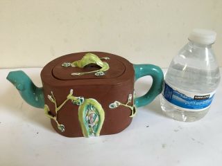 Antique Chinese Yixing Zisha Clay Teapot With Colorful Glaze Of 3 Winter Friends