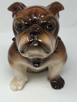 Vintage Porcelain Ceramic Bull Dog Figurine Dark Brown Glazed Sitting 11 " Statue