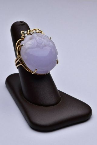 Chinese 14 Karat Gold Ring With Diamonds And Carved Lavender Jade Size 8