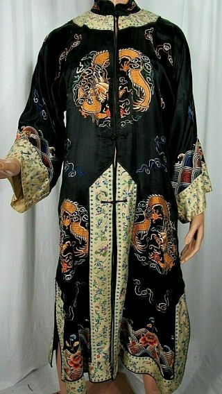 Antique Chinese Silk Robe Embroidered Dragons Bats Clouds Flowers