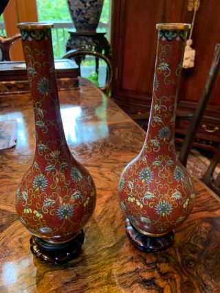 Antique Chinese China Cloisonne Table Vases,  Pair,  Bronze 10 " Tall.