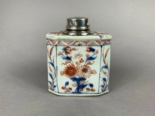 18th C.  Chinese Kangxi Period Porcelain Imari Tea Caddy And Silver Cover