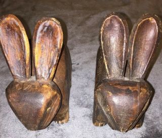 2 Two Hand Carved Wood Bunny Rabbit Figurines 7 " Long X 6 " To Ear Tip 3 " Wide