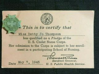 Vintage Wwii Ww2 Era U.  S.  Cadet Nurse Corps Pledge Pin On Paper Card -