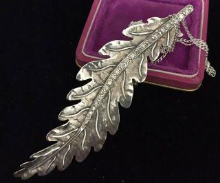 Vintage Jewellery Fabulous Large Sterling Silver Crystal Leaf Pendant / Brooch
