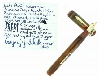 Late 1920s Waterman Patrician Onyx Fountain Pen M - Bbb 1.  95mm Flex Nib Serviced