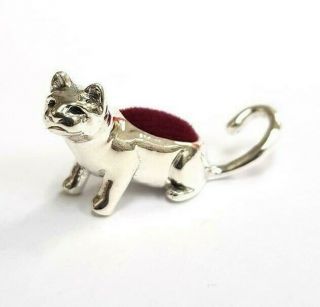 925 Sterling Silver Miniature Collectible Cat Kitten Pin Cushion 925 Sewing