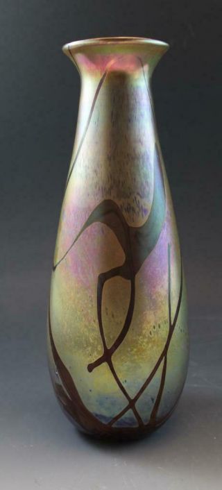 Vintage Gold Iridescent Art Glass Vase W/ Swirl Design 10.  25 "