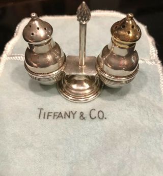 Vintage Tiffany Miniature Salt & Pepper Shakers In Holder Sterling