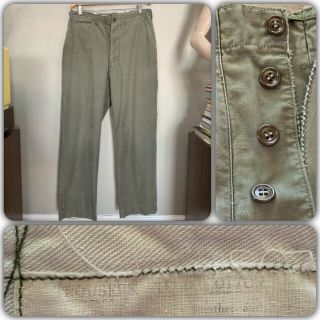 40s Wwii Us Army 33x33 Cotton Field Trousers Pants Chinos Vtg Military Od Faded