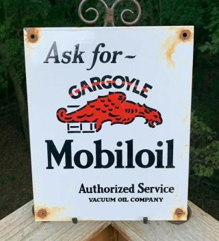 Vintage Mobiloil Gargoyle Porcelain Sign Motorcycles Dealer Service Gas Oil