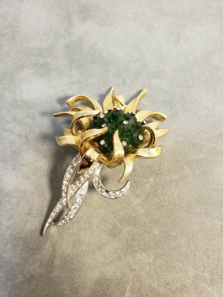 BOUCHER VINTAGE FLOWER BROOCH & EARRING SET GOLD GREEN BEADS AND RHINESTONE 2