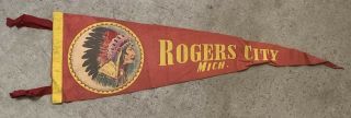 Large Vtg 30s Rogers City Michigan Mi Pennant Indian Chief Native American Flag