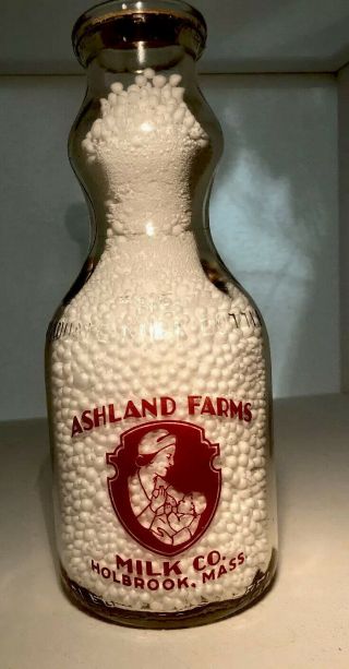 Ashland Farms Milk Co.  Bottle Holbrook Mass Pyro Quart Cream Top The Graduate
