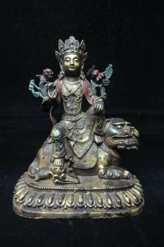 Heavy Old Chinese Gilt Bronze Tibetan " Guanyin " Buddha Seated Beast Statue