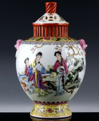Fine Painted Chinese Famille Rose Figural Landscape Pierced Censer Vase Qianlong