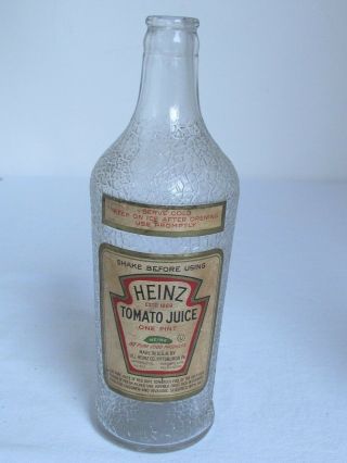 Vintage Heinz Tomato Juice Patterned Glass Bottle 9 " Tall