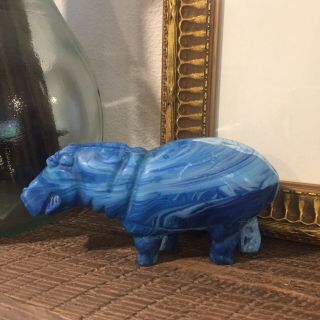 Solid Stone Marbled Hippo Figurine Statue Carved Bright Blue