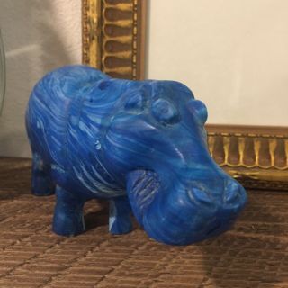 Solid Stone Marbled Hippo Figurine Statue Carved Bright Blue 2
