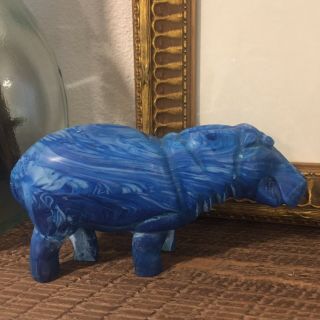 Solid Stone Marbled Hippo Figurine Statue Carved Bright Blue 3