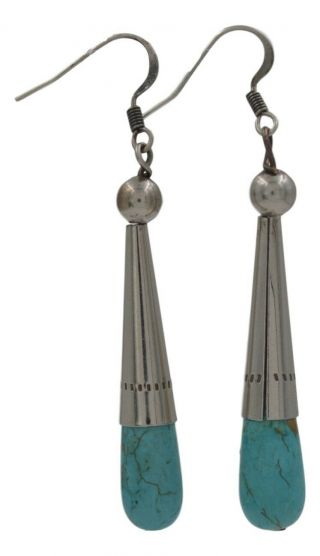 Vintage Navajo Old Pawn Sterling Silver Cone Turquoise Dangle Earrings