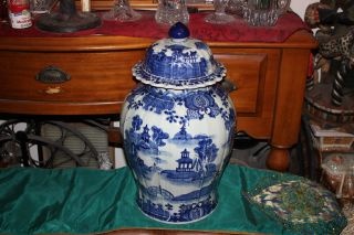 Large Chinese Blue & White Lidded Temple Jar Vase - Houses Water Trees - Porcelain