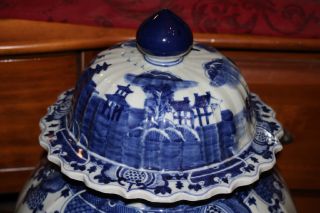 LARGE Chinese Blue & White Lidded Temple Jar Vase - Houses Water Trees - Porcelain 2