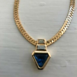 Vintage Christian Dior Signed Gold Tone W/blue Stone Necklace