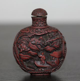 Antique Chinese Large Carved Cinnabar Lacquer Snuff Bottle,  Qing Dynasty,