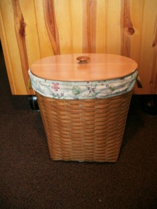 Longaberger Large Oval Waste Basket With Lid,  Protector And Liner 2001