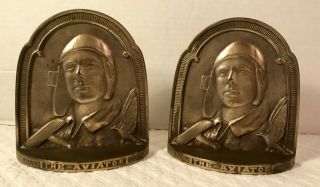 Cast Iron " The Aviator” (charles Lindbergh) Bookends Connecticut Foundry C1929