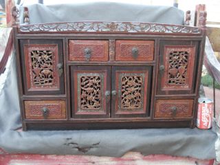 Antique Chinese Brown/ Red Wood Hand Carved Altar Table Cabinet Storage Box
